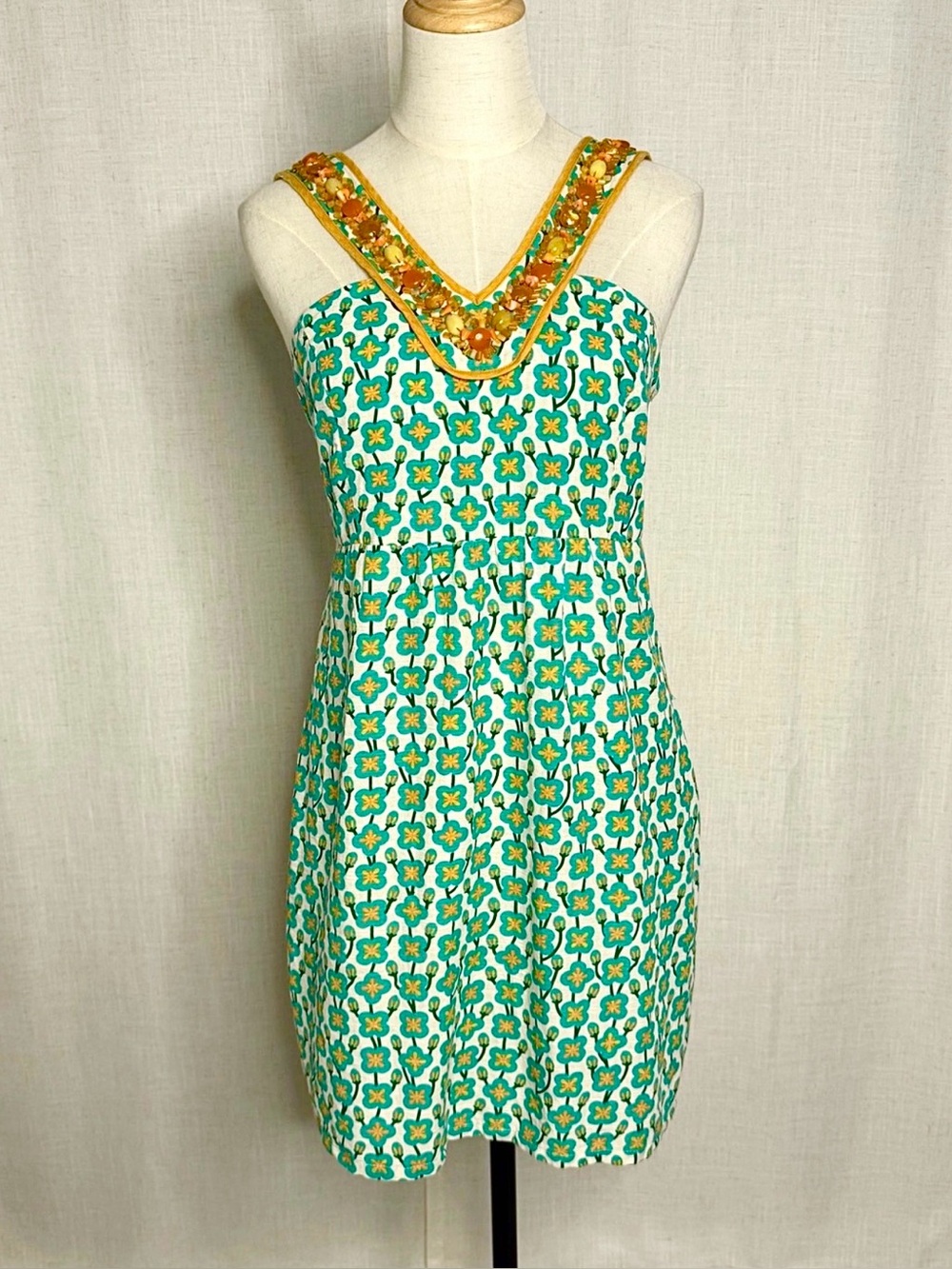 Jade Melody Tam Beaded Linen Blend Sleeveless Mini Dress Floral Turquoise Medium